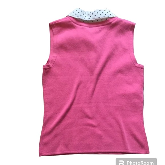 Sleeveless bright pink knit top with white and black polka dot collar. Sz. PP - Picture 2 of 2